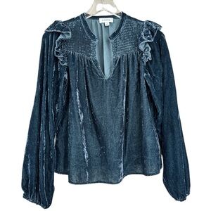Evereve Yana Velvet Smocked Ruffled Blouse Size Small